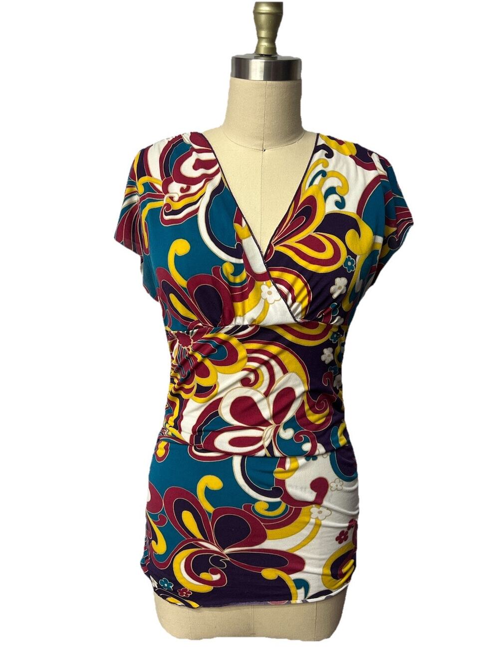 Vtg Y2K Sele Womens Sz M Babydoll Stretch Tunic Blouse Colorful floral 2000's